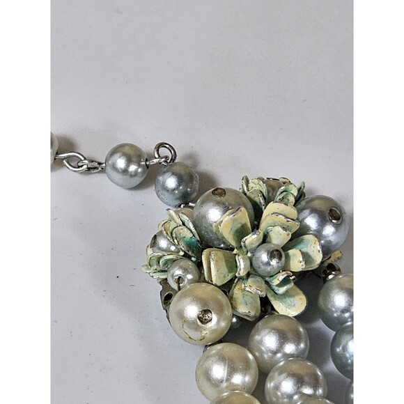 Vintage Japan Faux Pearl 3-Strand Necklace & Clip-On Earrings Set Floral Cluster - Picture 12 of 16